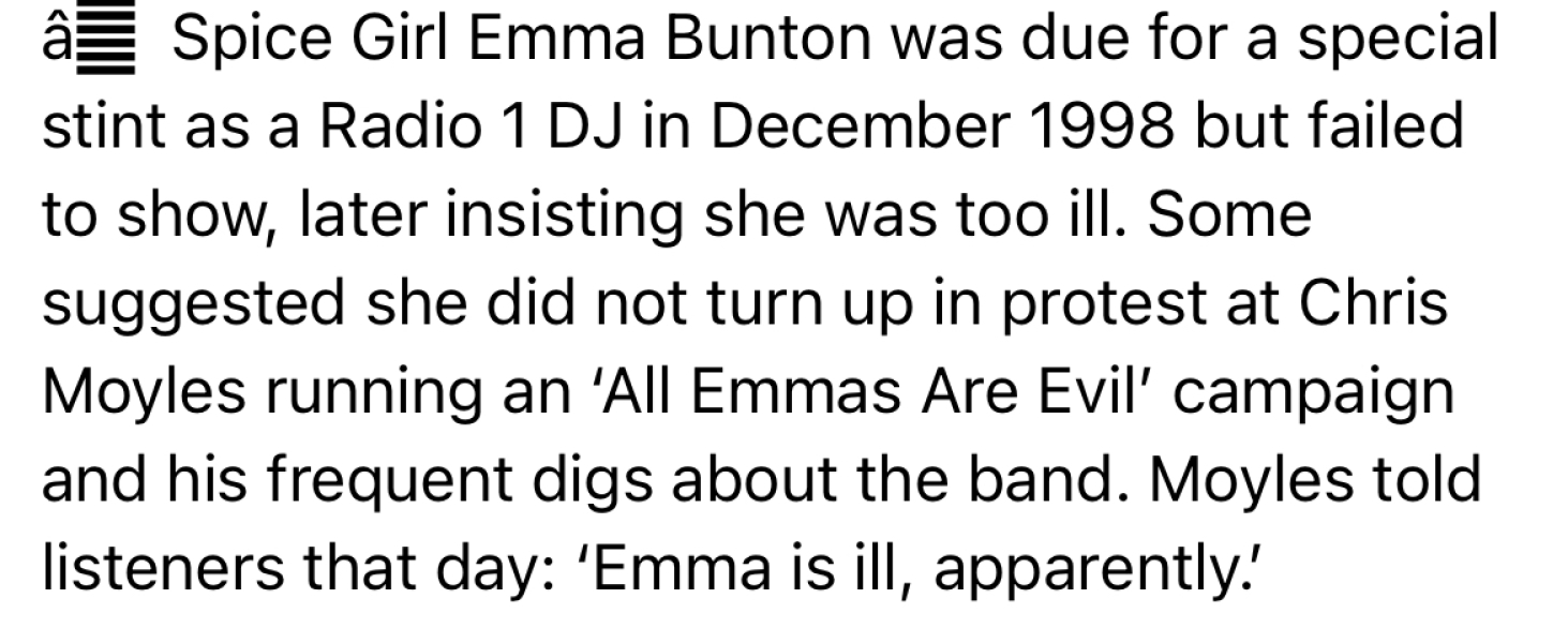 Radio presenter calling all Emma’s evil in the 90’s