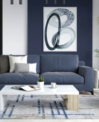 Ideas for coffee table/decor for navy sofa and white floor?