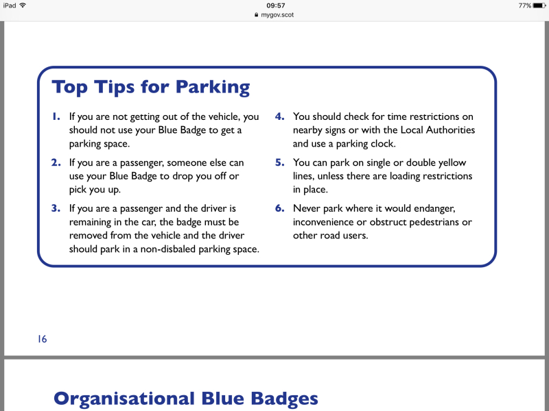 Aunt choses to use disabled spaces when ever she wants to .  She wasn't even getting out the bloody car!