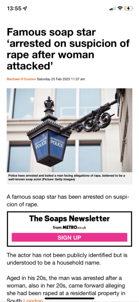Soap star arrested on suspicion of rape. 