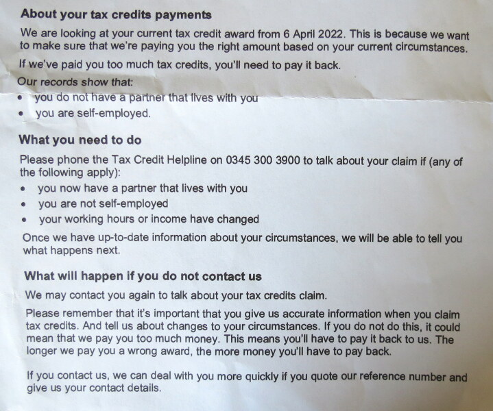 Tax credits letter about working hours and WTC