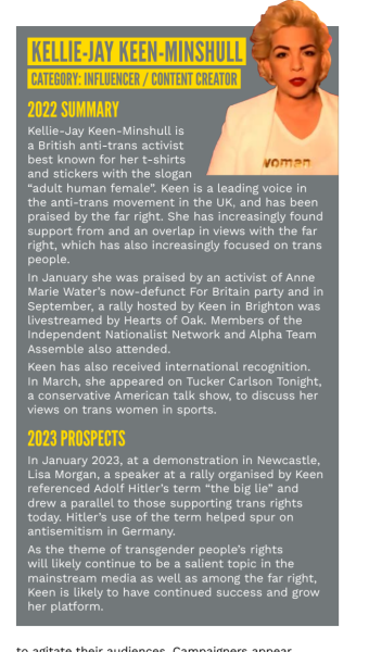 Posie Parker featured in Hope Not Hate's State of Hate 2023.