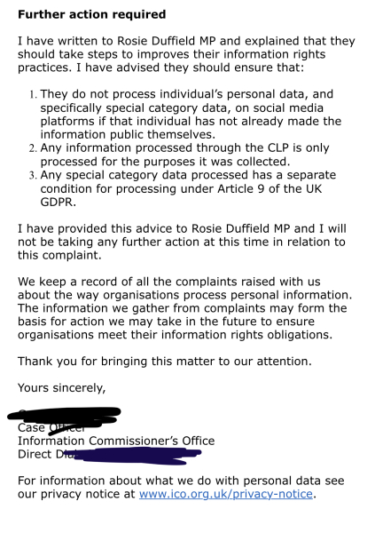 I live in Rosie Duffields constituency. Just had local election door knock from labour party