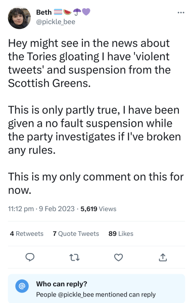 "Beth" Douglas suspended from Green Party for violent tweets.