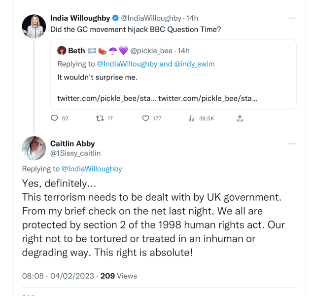 India Willoughby, Question Time Thu 2 Feb 2240