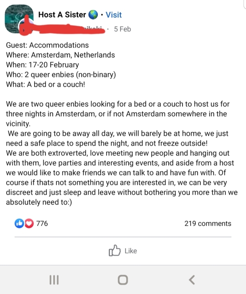 Chucked out of FB group - Host a Sister