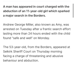 Girl abducted in Galashiels appears to have been held by transwoman