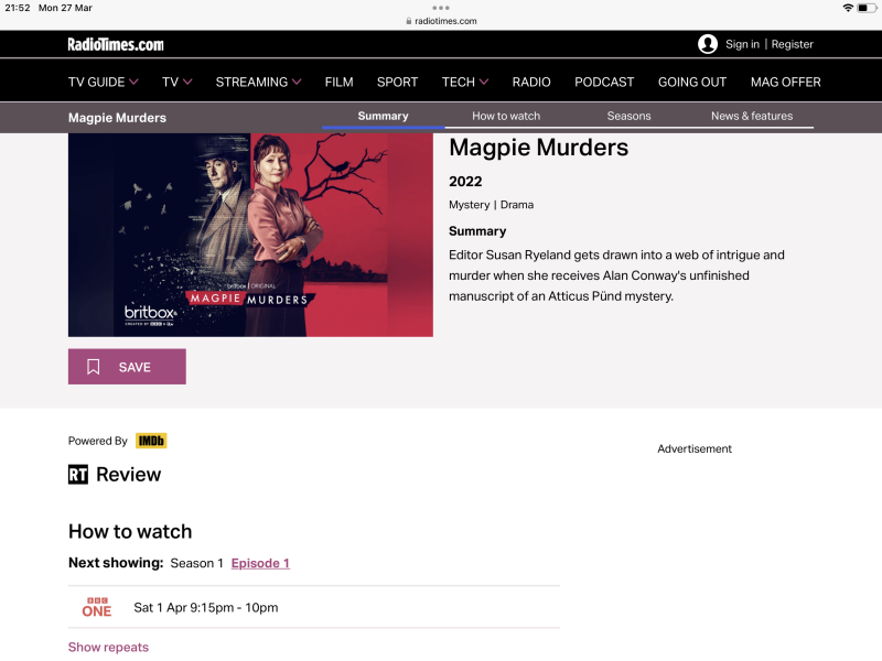 MAGPIE MURDERS. SAT 9.15 BBC 1 - tv pace. NO SPOILERS 