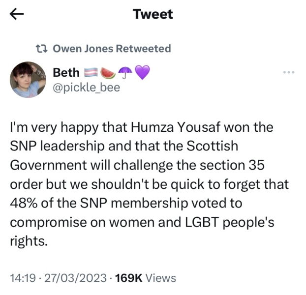 Owen Jones re-tweets Beth - misogynistic TRA