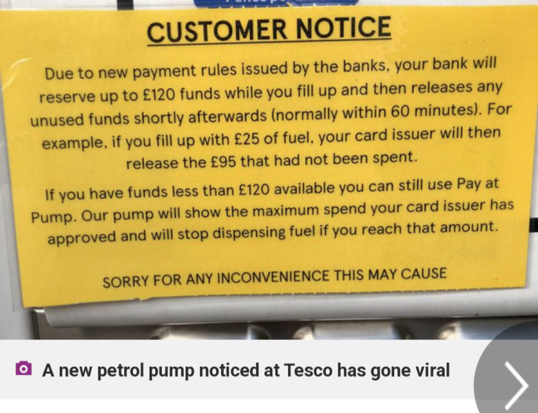 Tesco's petrol stations automatically charging £120 per transaction on 'Pay at Pump'