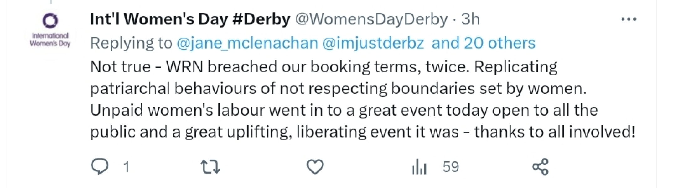 WRN Derbyshire/Staffordshire cancelled at International Women's Day Derby event