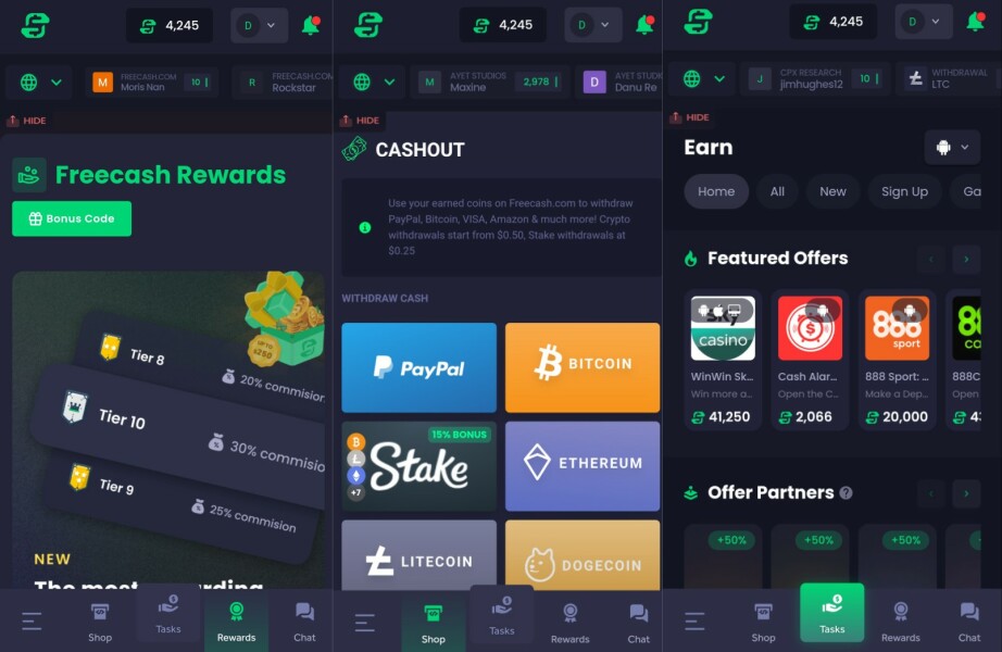 Freecash get paid to complete tasks and games 