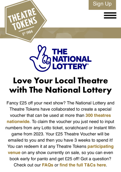 £25 theatre voucher with National Lottery purchase