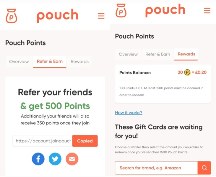 Pouch cashback 350 points free redeem for giftcards