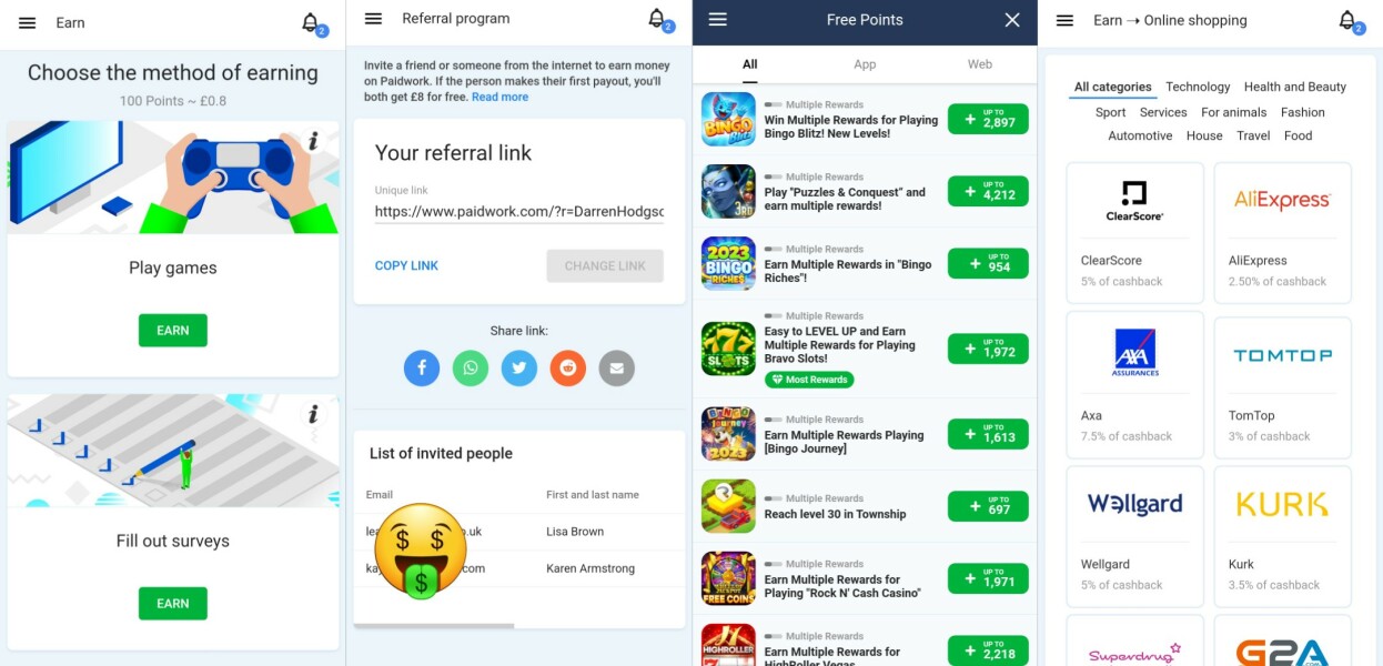 Paidwork get paid for games & tasks also earn cashback £8 free 