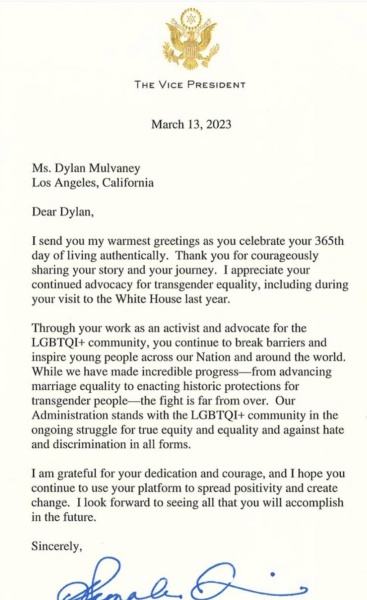 VP Harris sends letter to Dylan Mulvaney. They're just trolling at this point
