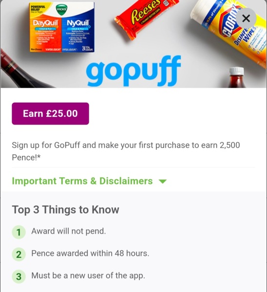 Free £25 via inbox pounds - go puff grocerys