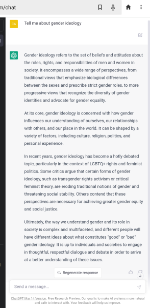 ChatGTP doesn't let me ask it about gender ideology. Censorship?