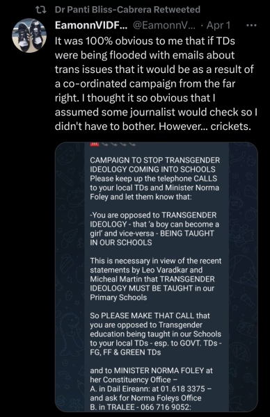 Irish trans groups furious of "mystery avalanche" of Irish who do not want Trans education in Irish schools. People power! 