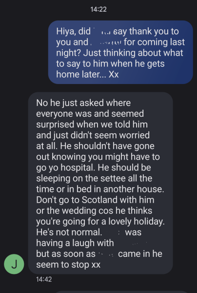 Zero contrition at choosing to go out when DS may have had to go to hospital