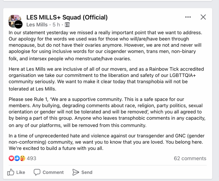 Les Mills 'people with ovaries' and the Less Mills FB group