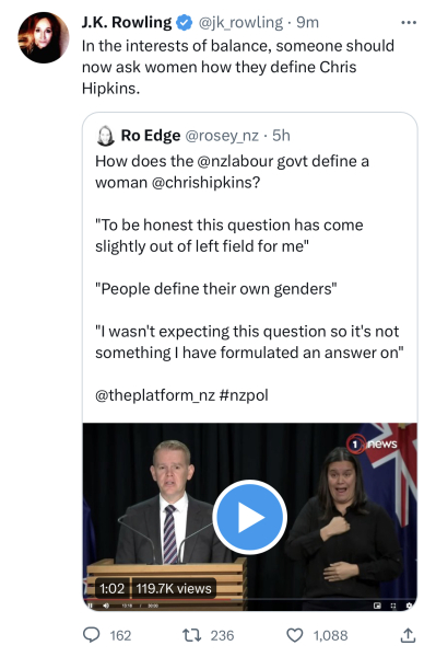 Journo asks NZ PM Chris Hipkins "what is a woman?" He can't answer 