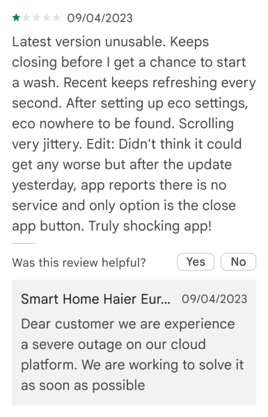 Gah!  My app's crashed!  Don't buy anything that needs Hoover Online