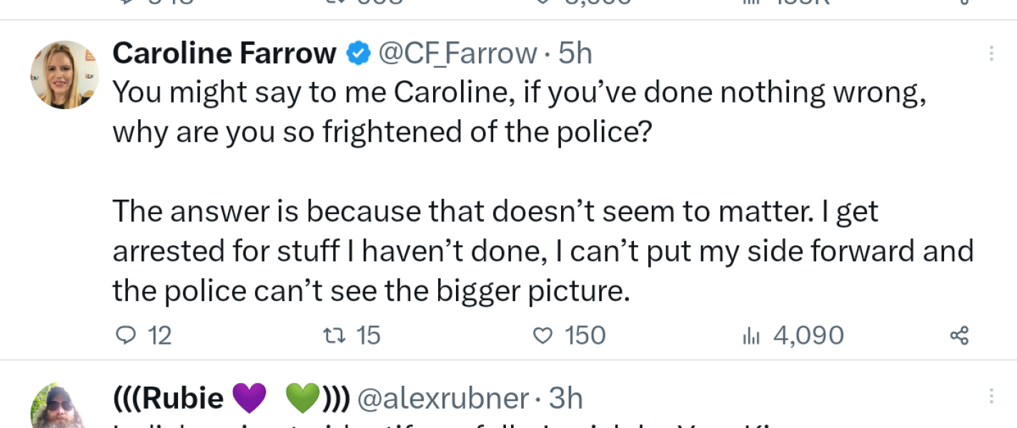 Caroline F - new arrest / harassment ?