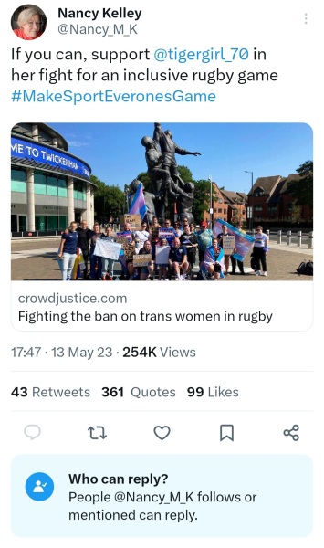 Nancy Kelly wants us to support this man's fight to play rugby with women.