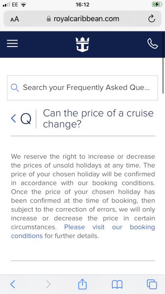 Royal Caribbean changing cruise price after paying