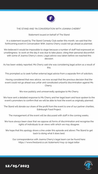 The Stand Comedy Club statement on cancelling Jo Cherry