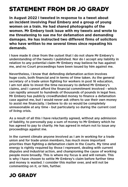 Paul Embery will donate damages won to women's rights campaigns