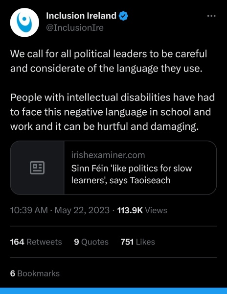Aibu to find this comment from Irish Prime Minister Leo Varadkar deeply offensive to all people with intellectual disabilities & their families. Absolutely appalling. 
