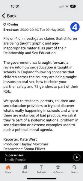 File on 4: sex education - too much too young? R4 9th May 23