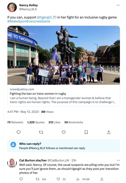 Nancy Kelly wants us to support this man's fight to play rugby with women.