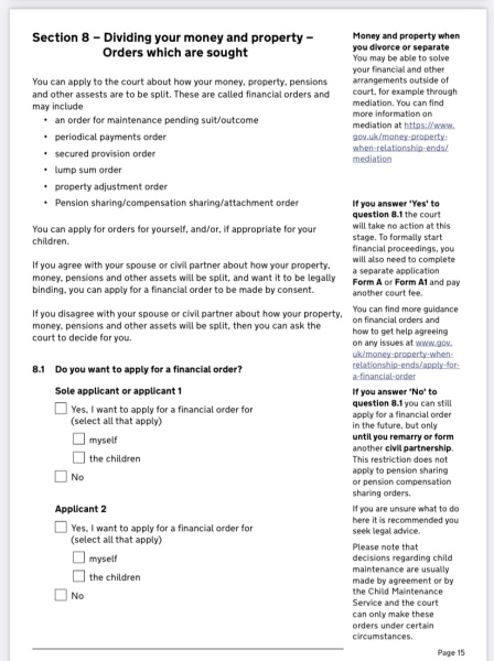 Section 8 - divorce application