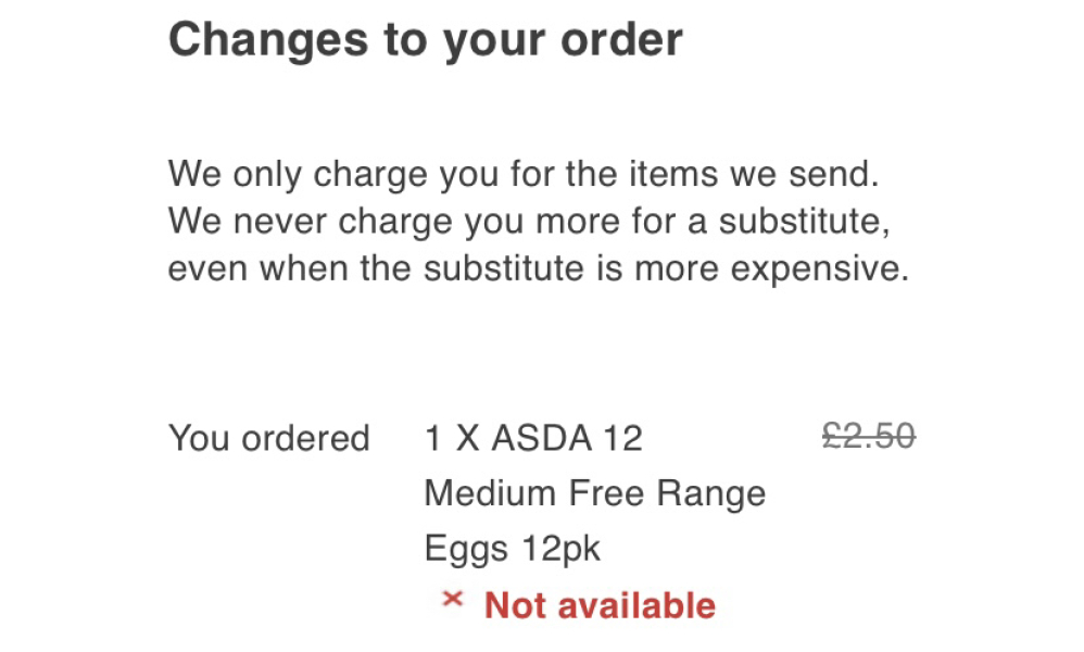 Asda Delivery - No Eggs.