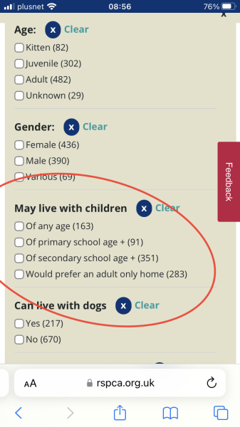 I want to adopt a cat from RSPCA but every cat I clicked on says no kids in household 