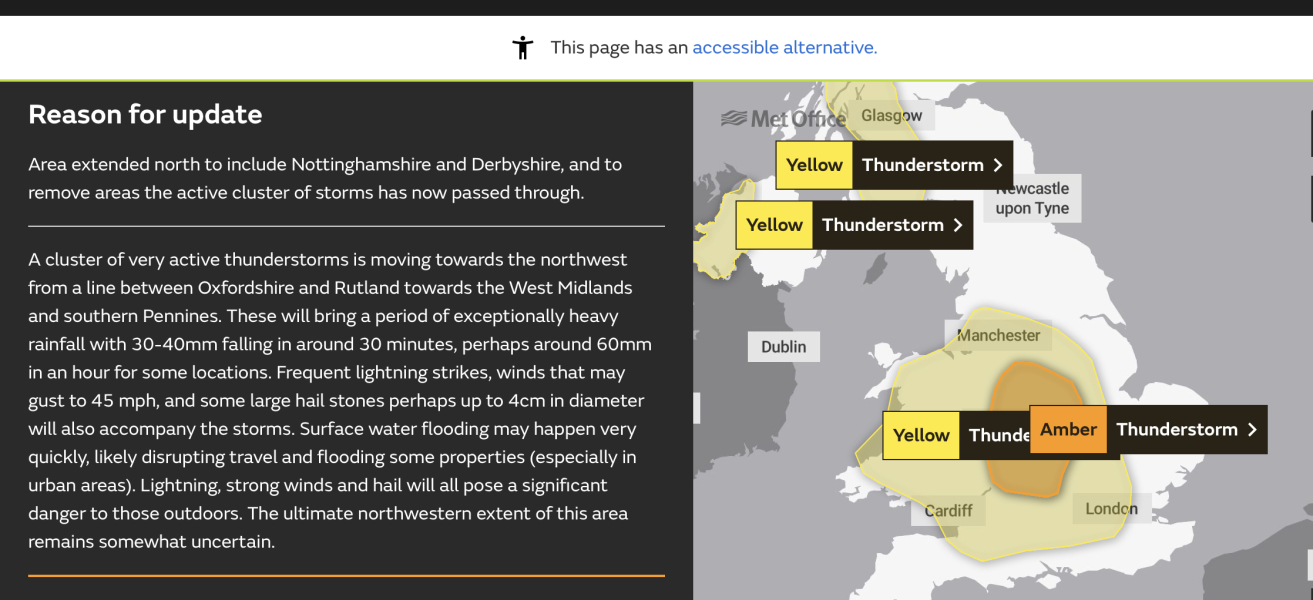 Amber warning for thunderstorms issued.