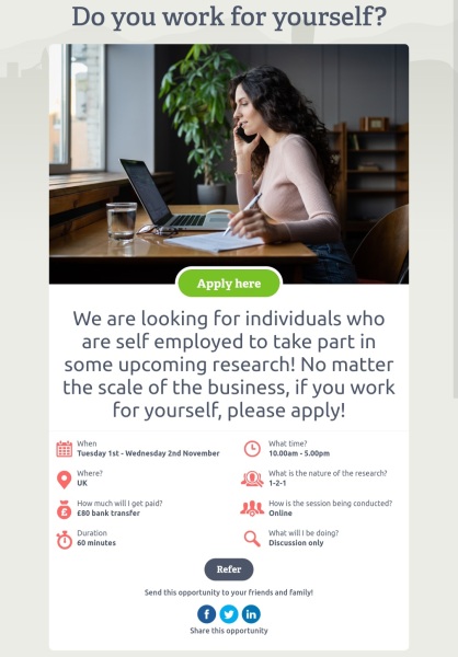 Do you work for yourself? Self employed? Earn £80 for a easy 1 hour task