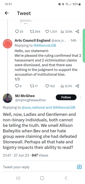 Denise Fahmy taking Arts Council England to an Employment Tribunal because she has been harassed for being gender critical.
