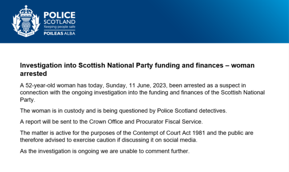 BREAKING NEWS! Peter Murrell in custody for questioning re. funding of SNP