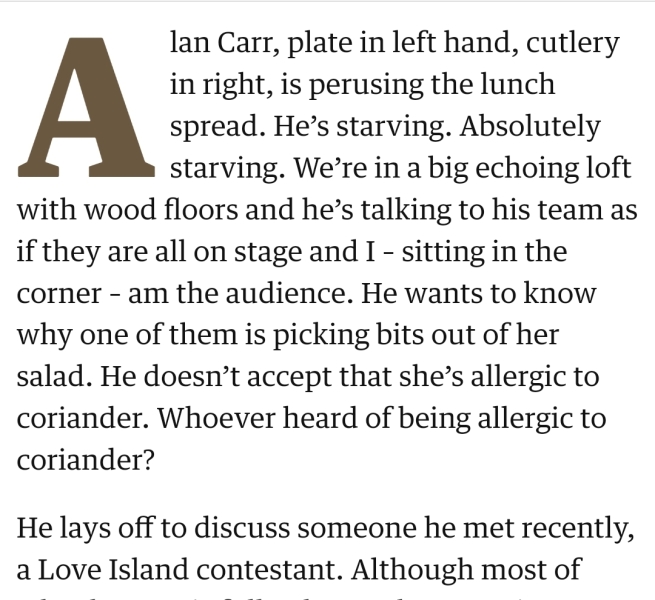 Alan Carr - stuffs herb into mouth of team member who says she is allergic to it
