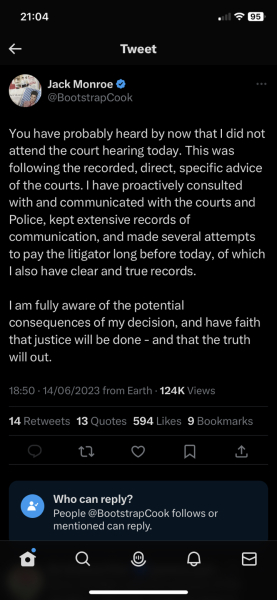 Jack Monroe in court today for CCJ stuff?