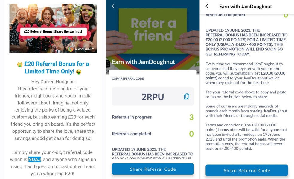 JamDoughnut cashback - £20 for referral for limited time