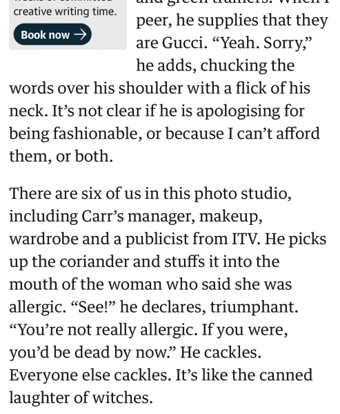 Alan Carr - stuffs herb into mouth of team member who says she is allergic to it