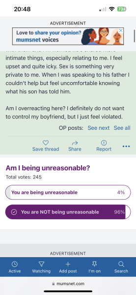 My boyfriend told me he informs his parents when we have sex- AIBU to be upset?