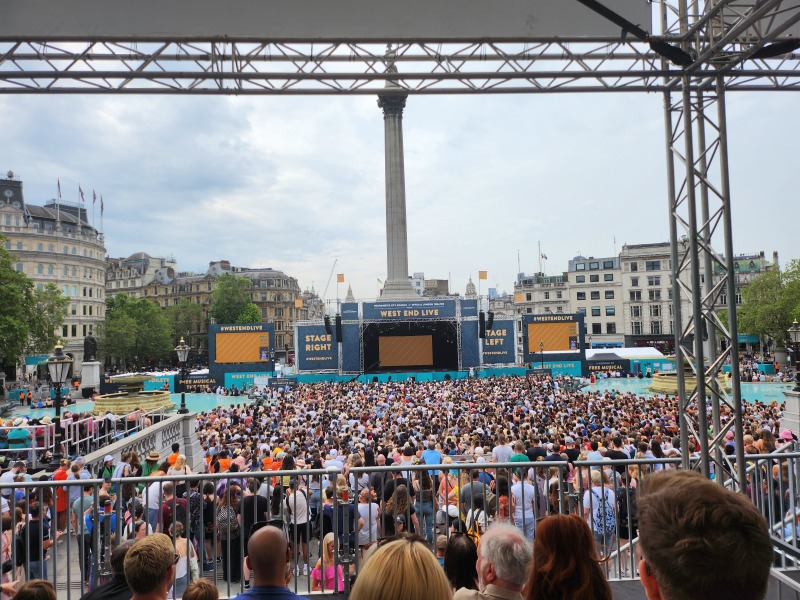 West End live - Trafalgar Square at weekend in boiling hot weather