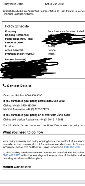 Insurance from jet2 for chicken pox