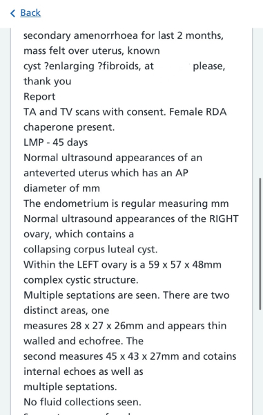 Please help urgent referral following ovary scan